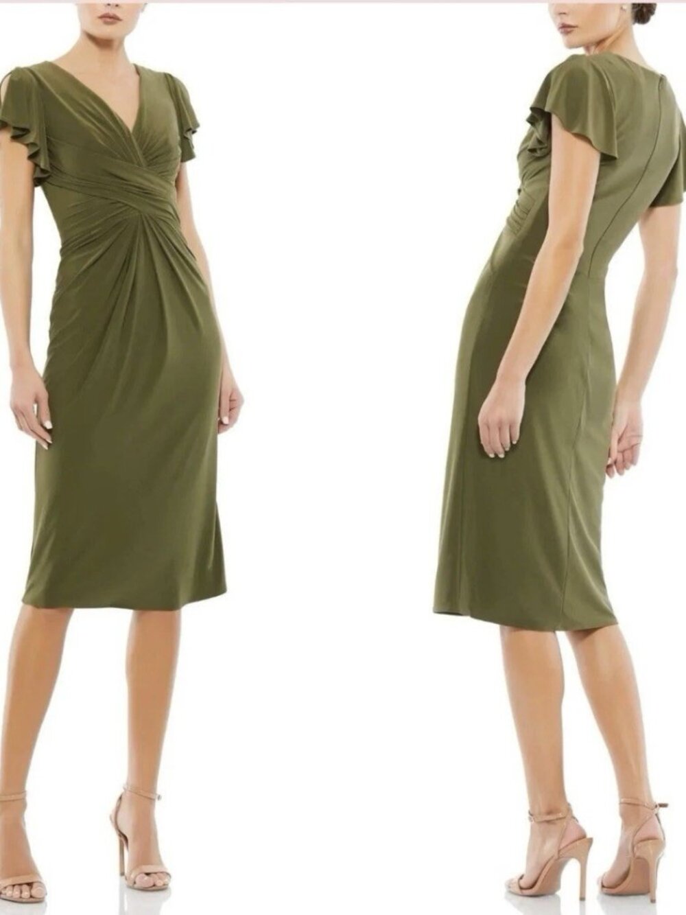 Mac Duggal Size 4 Olive Green 12486 Flutter SLEEVE MIDI DRESS Jersey Cocktail